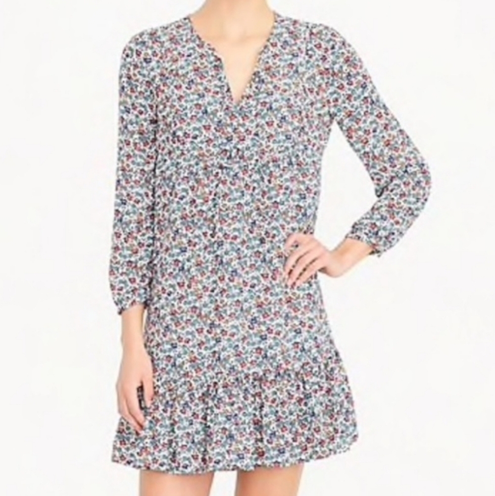 J Crew Relaxed Fiery Sunset Ditsy Floral Shift Dress Flounce Hem Blue Red Small